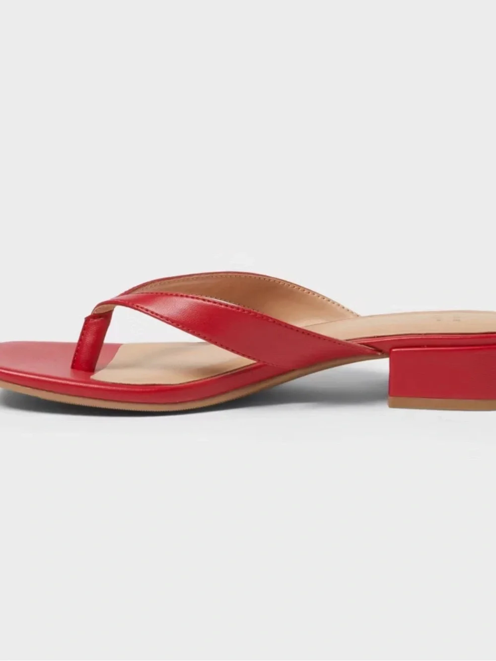 Square Toe Red Thong Sandal with Low Block Heel Size 8